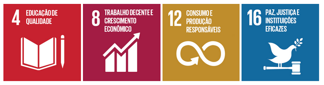 Quatro selos dos Objetivos de Desenvolvimento Sustentável. 4: ilustração de caderno e lápis, texto 