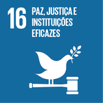 ODS 16: ilustração de pomba sobre martelo de juiz, com planta no bico; texto 'paz, justiça e instituições eficazes'